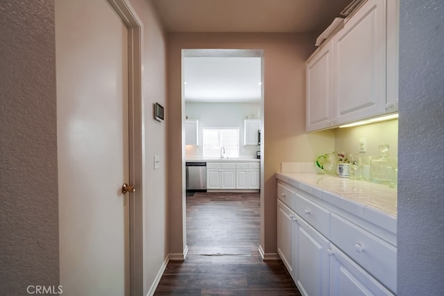 hallway featuring dark hardwood / wood-style floors and sink