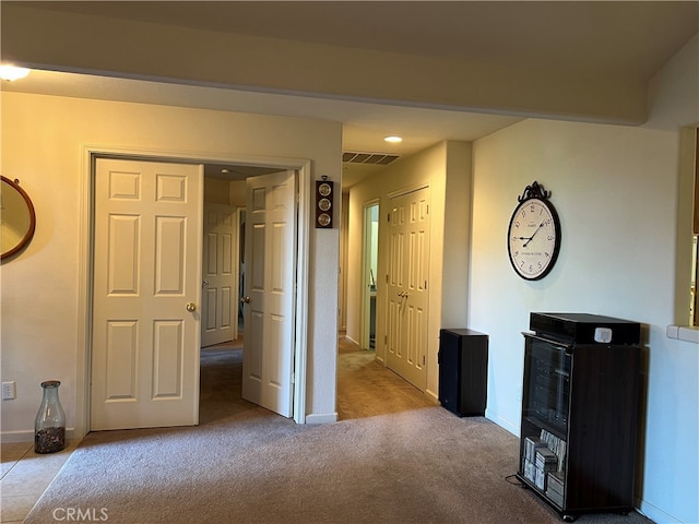 interior space featuring light carpet and a closet