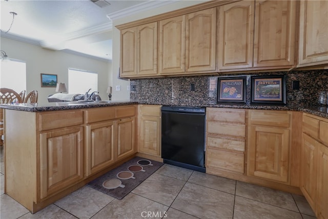 kitchen with black dishwasher, kitchen peninsula, ornamental molding, sink, and tasteful backsplash