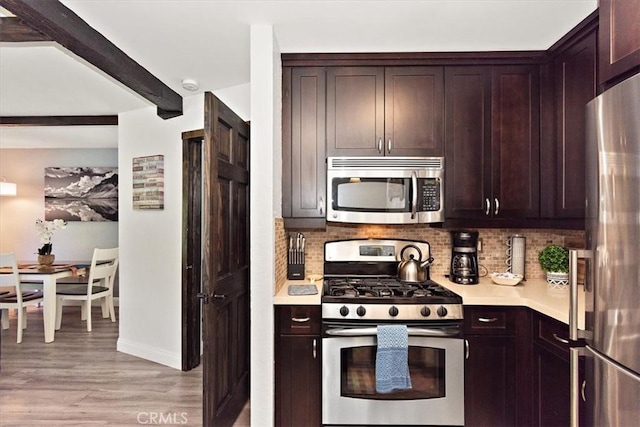 760 Blue Jay Rd Unit 10, Big Bear Lake, CA 92315 - kitchen featuring appliances with stainless steel finishes, tasteful backsplash, light countertops, baseboards, and beam ceiling