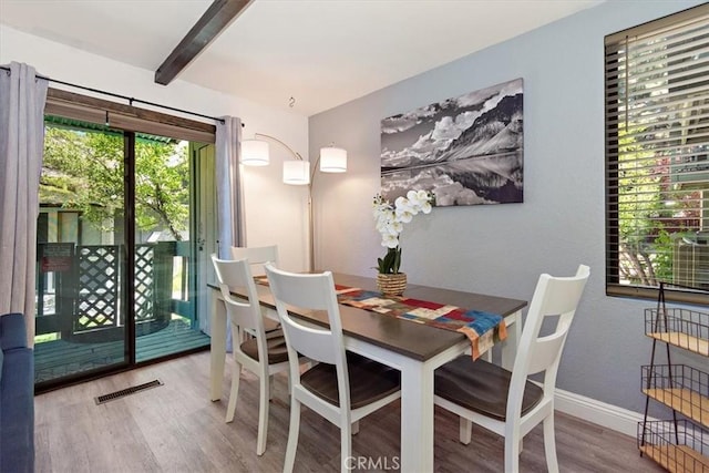 760 Blue Jay Rd Unit 10, Big Bear Lake, CA 92315 - dining area featuring wood finished floors, beamed ceiling, and baseboards