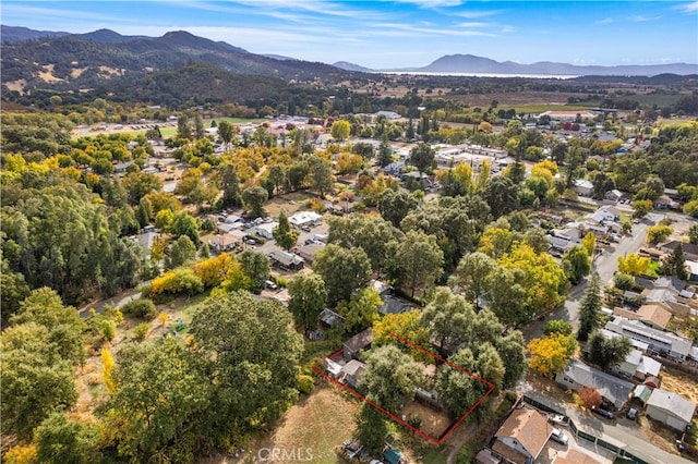 drone / aerial view featuring a mountain view