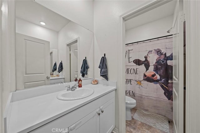 full bathroom with toilet, vanity, and a shower with curtain