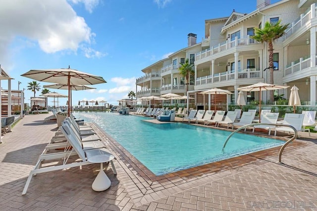 view of pool with a patio and a water view