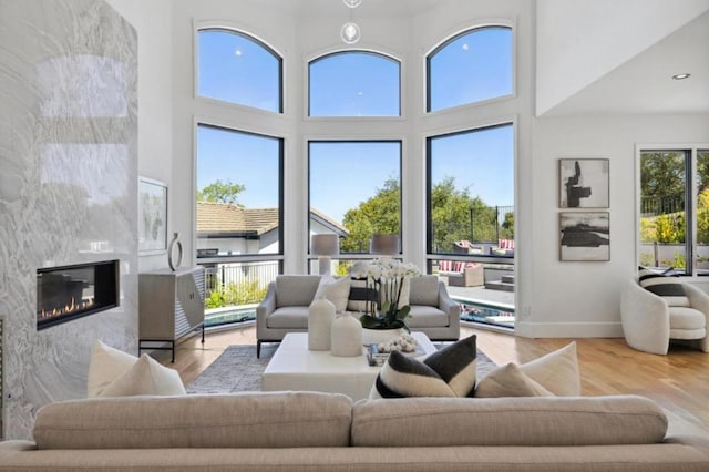 living room featuring a high end fireplace, light hardwood / wood-style floors, and a high ceiling