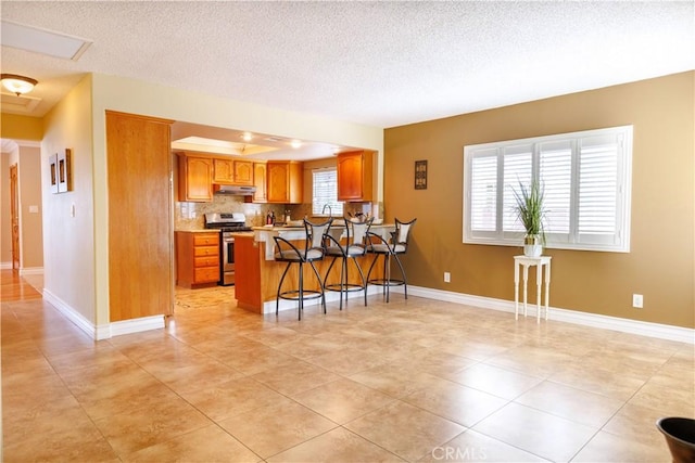 kitchen featuring a kitchen breakfast bar, kitchen peninsula, a wealth of natural light, and stainless steel range