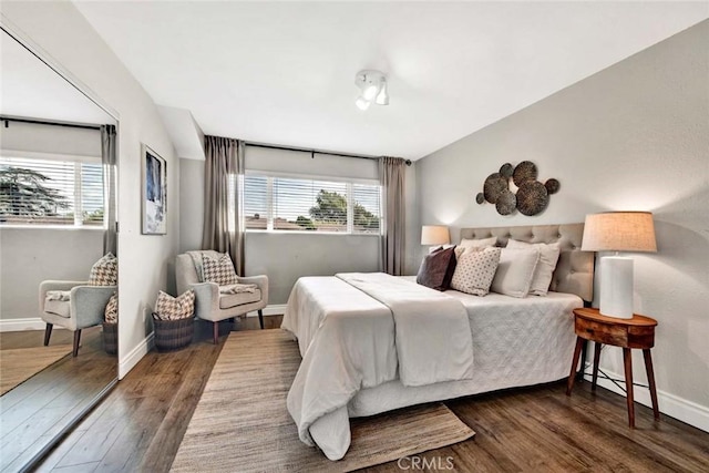 bedroom featuring dark hardwood / wood-style floors and multiple windows