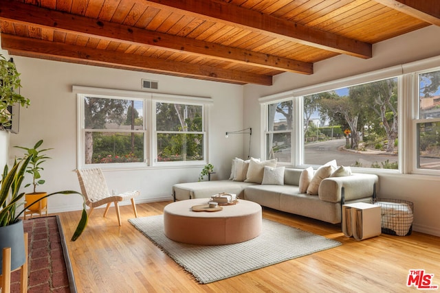 sunroom / solarium with beamed ceiling and wood ceiling