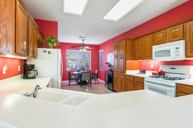 kitchen featuring white appliances, decorative light fixtures, a skylight, sink, and kitchen peninsula