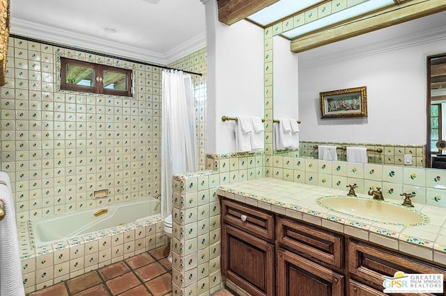 full bathroom featuring vanity, tile patterned floors, toilet, shower / bath combo with shower curtain, and ornamental molding