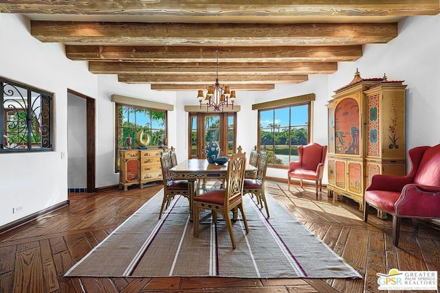 dining area with beam ceiling and a chandelier