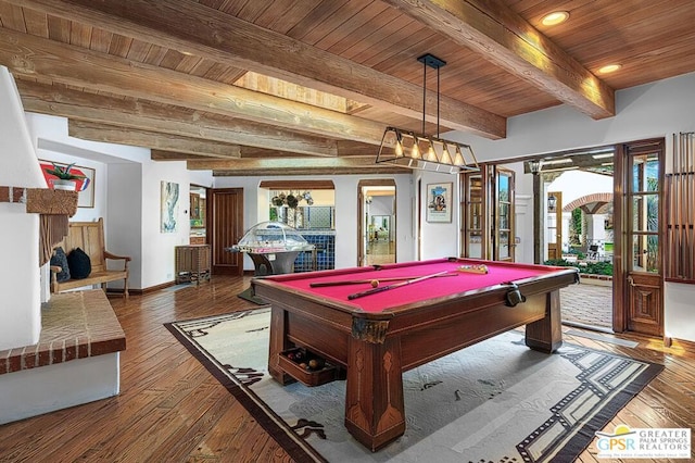 rec room featuring wood-type flooring, wood ceiling, beam ceiling, and pool table