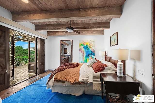 bedroom featuring beam ceiling, access to outside, ceiling fan, and wooden ceiling