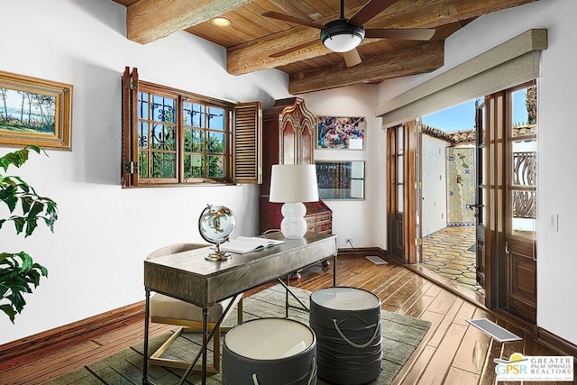 home office with beam ceiling, ceiling fan, french doors, wooden ceiling, and hardwood / wood-style flooring