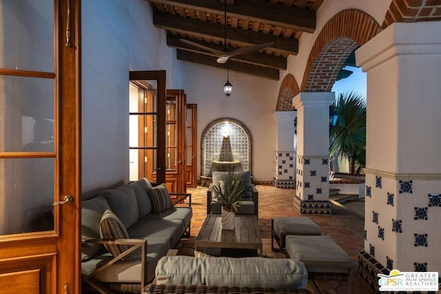 view of patio / terrace featuring outdoor lounge area, french doors, and ceiling fan