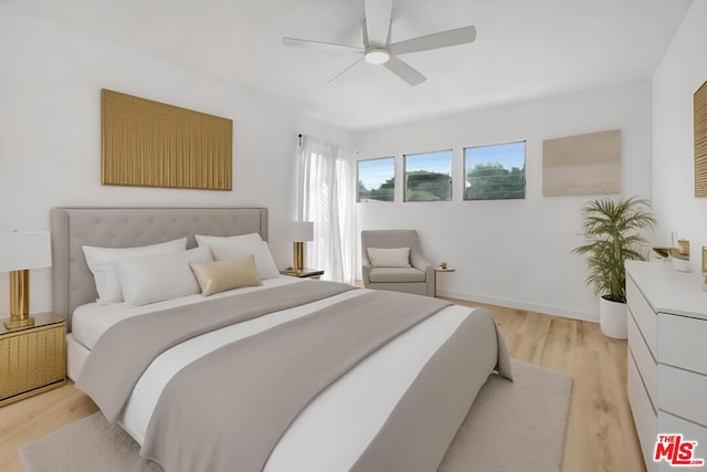 bedroom featuring light wood-type flooring and ceiling fan