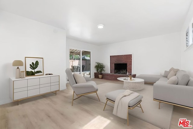 living room with light hardwood / wood-style floors and a fireplace