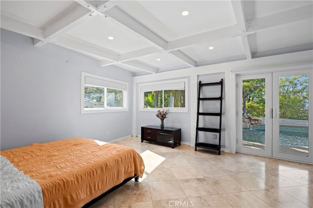 tiled bedroom featuring french doors, beam ceiling, coffered ceiling, and access to exterior