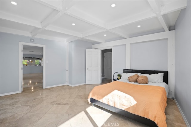 bedroom with coffered ceiling and beamed ceiling