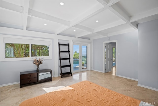 unfurnished bedroom featuring access to outside, french doors, beam ceiling, and coffered ceiling