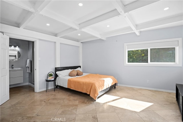 bedroom featuring beamed ceiling and coffered ceiling