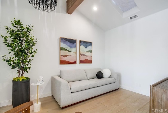 51 Catspaw, Coronado, CA 92118 - living area with light wood finished floors, vaulted ceiling with beams, visible vents, and baseboards