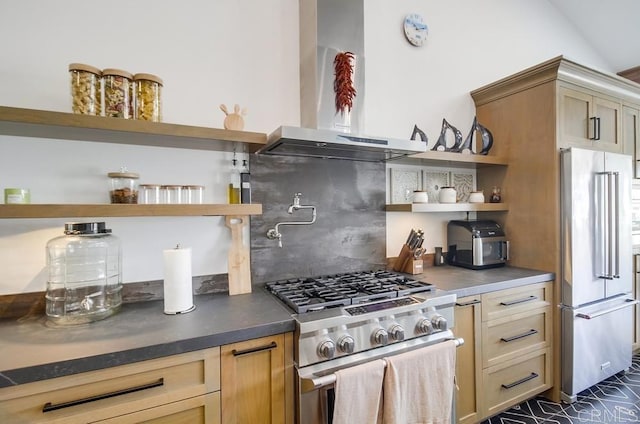 51 Catspaw, Coronado, CA 92118 - kitchen with range hood, dark countertops, appliances with stainless steel finishes, open shelves, and backsplash