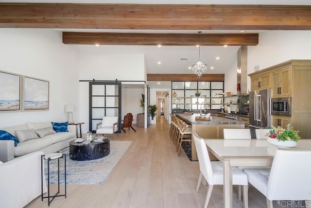51 Catspaw, Coronado, CA 92118 - interior space with recessed lighting, light wood-type flooring, high vaulted ceiling, beam ceiling, and a notable chandelier