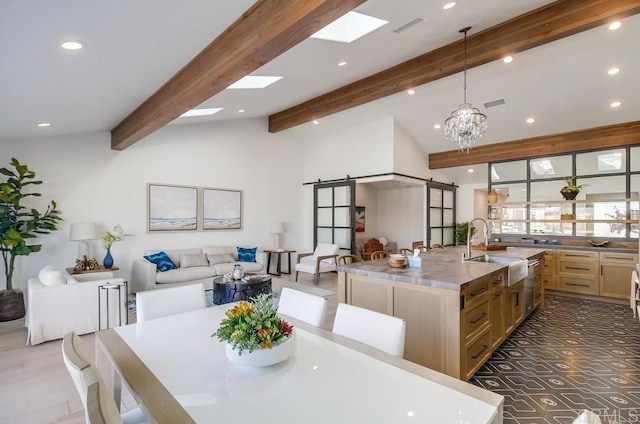 51 Catspaw, Coronado, CA 92118 - dining room featuring beamed ceiling, a barn door, visible vents, and recessed lighting