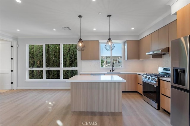 kitchen with ventilation hood, sink, hanging light fixtures, light wood-type flooring, and stainless steel appliances