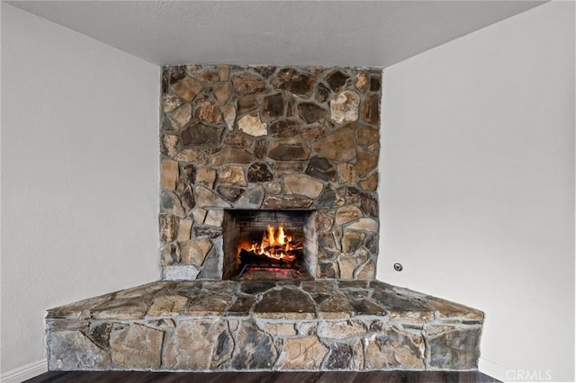 details with a stone fireplace and hardwood / wood-style flooring