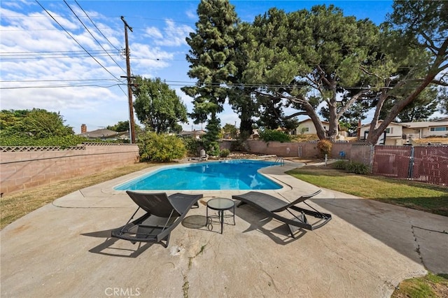 view of swimming pool with a patio area and a yard