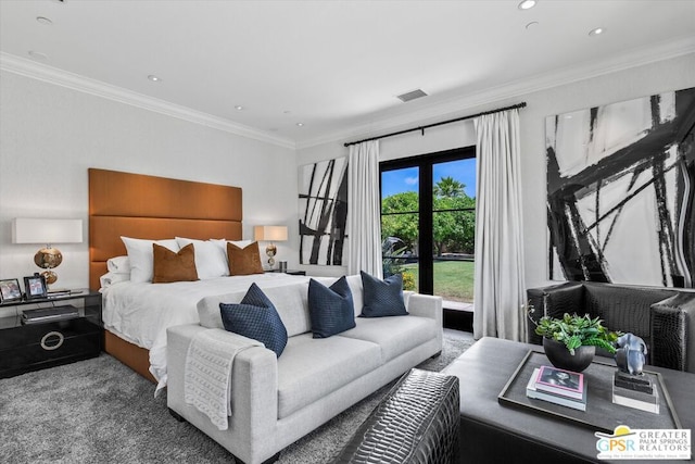 carpeted bedroom featuring ornamental molding