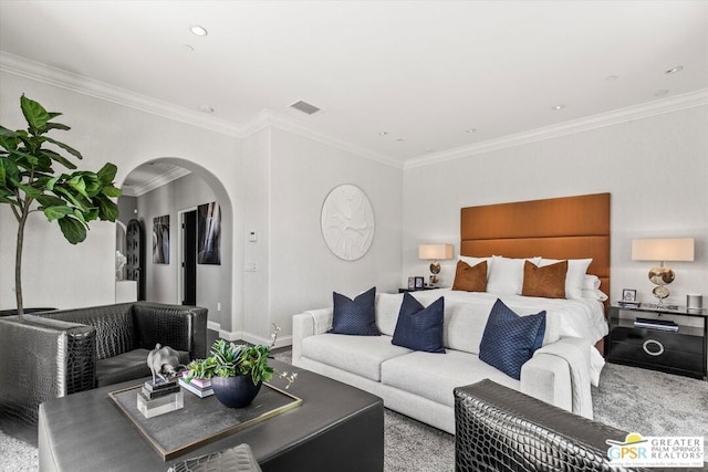 carpeted living room featuring ornamental molding