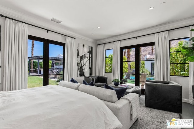 bedroom featuring access to exterior, french doors, and ornamental molding