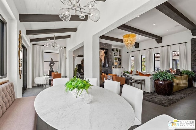 dining room featuring vaulted ceiling with beams and wood-type flooring