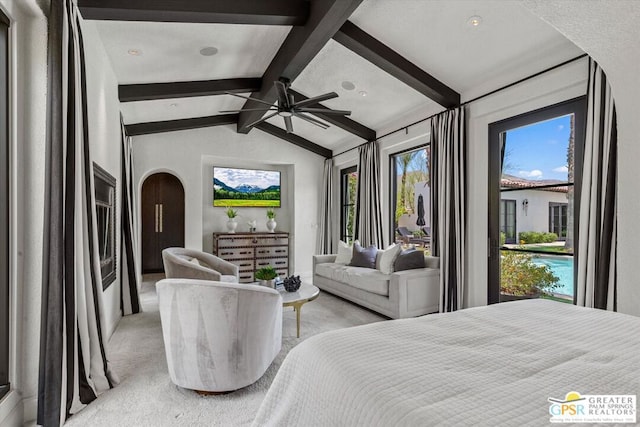 bedroom with light colored carpet and lofted ceiling with beams