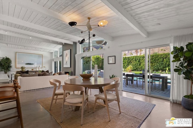 dining room with ceiling fan, wooden ceiling, and vaulted ceiling with beams