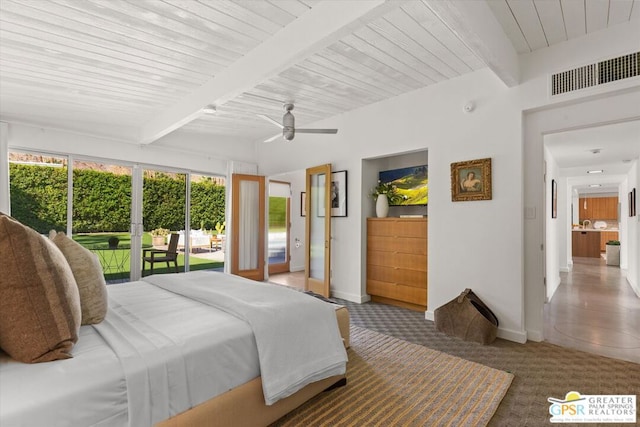 carpeted bedroom with ceiling fan, access to exterior, beam ceiling, and wooden ceiling