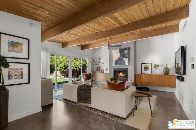 living room with ceiling fan, wood ceiling, and beamed ceiling