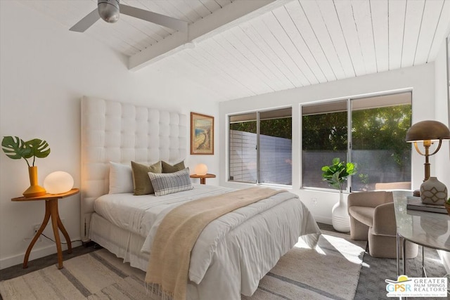 bedroom featuring ceiling fan and beam ceiling