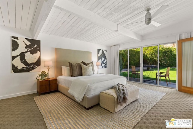 bedroom with ceiling fan, carpet, access to outside, and beamed ceiling