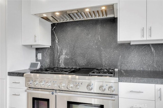 kitchen featuring tasteful backsplash, white cabinets, stainless steel stove, and range hood