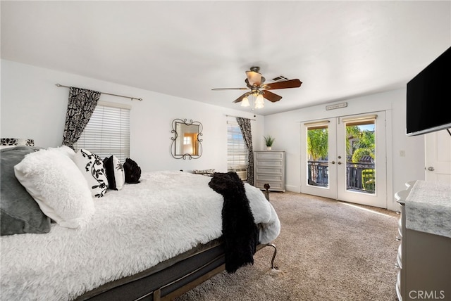 bedroom featuring french doors, carpet floors, access to exterior, and ceiling fan