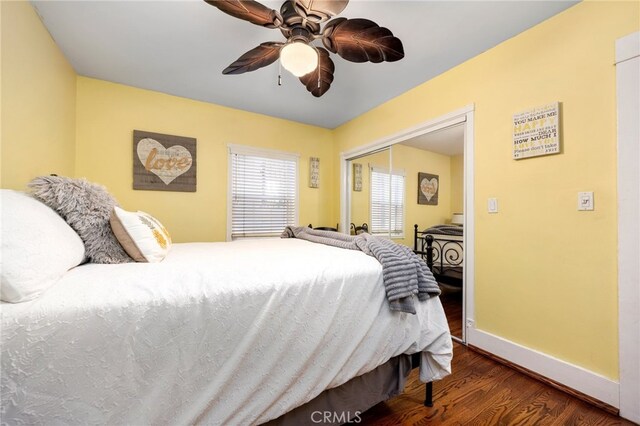 bedroom featuring dark wood-type flooring, ceiling fan, and a closet