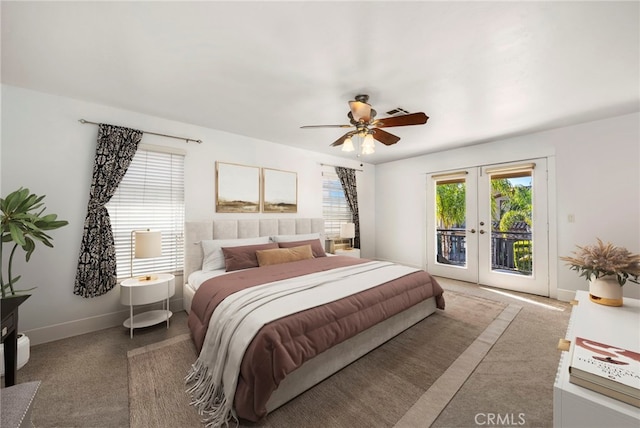 carpeted bedroom featuring access to exterior, french doors, baseboards, and a ceiling fan