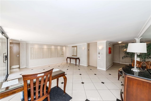 interior space featuring mail boxes and ornamental molding