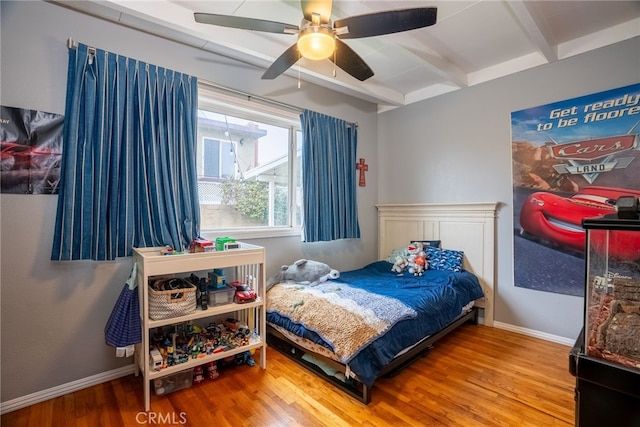 13503 Fidler Ave, Bellflower, CA 90706 - bedroom with beamed ceiling, wood finished floors, and a ceiling fan