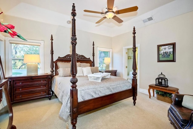 carpeted bedroom with ceiling fan