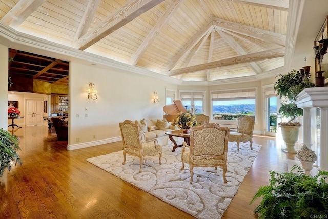 living room featuring light hardwood / wood-style floors, wooden ceiling, and beam ceiling